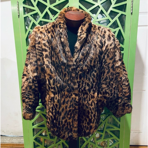 Polo Norte Vintage 1980s/70s Batwing Rabbit Fur Leopard Print Oversized Jacket - Picture 1 of 8
